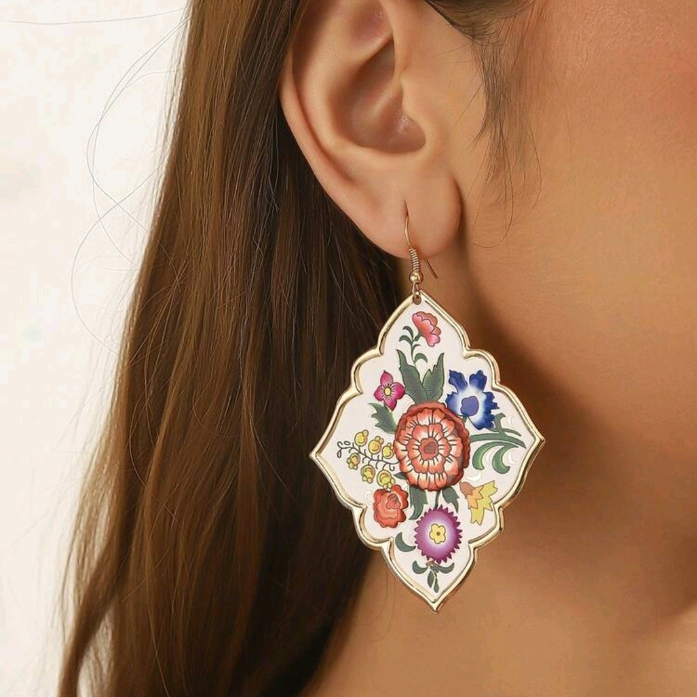 🌷HP! Large Floral Enamel Abstract Earrings With Gold Accents New!